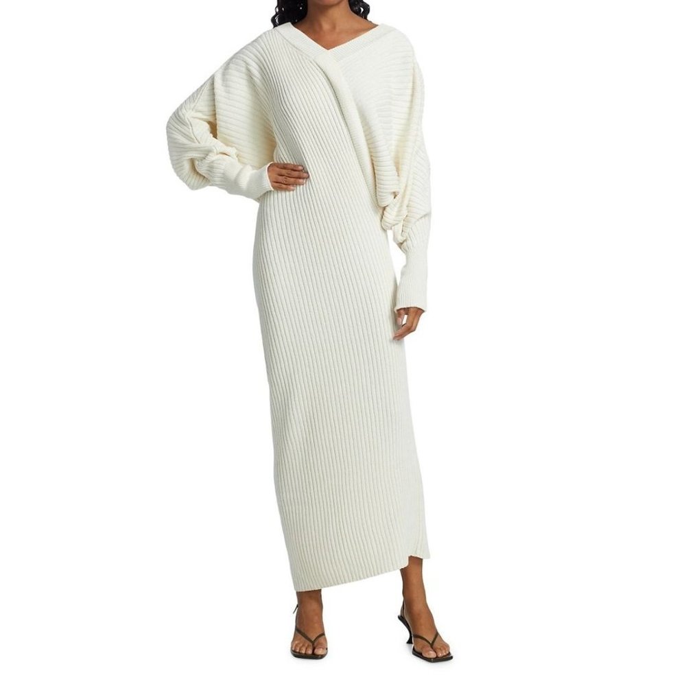 LVIR Unbalance Ribbed Knit Wool Cashmere V-Neck Midi Dress Women's Size Medium - Picture 14 of 15